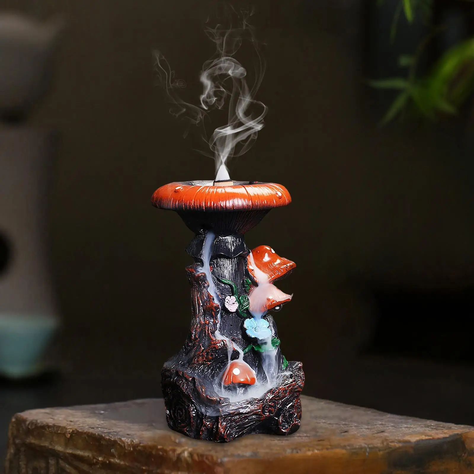 Creative Resin Backflow Incense Burner Mushroom Statue Craft Ornaments Waterfall Incense Burner Holder for Desktop Home Decor