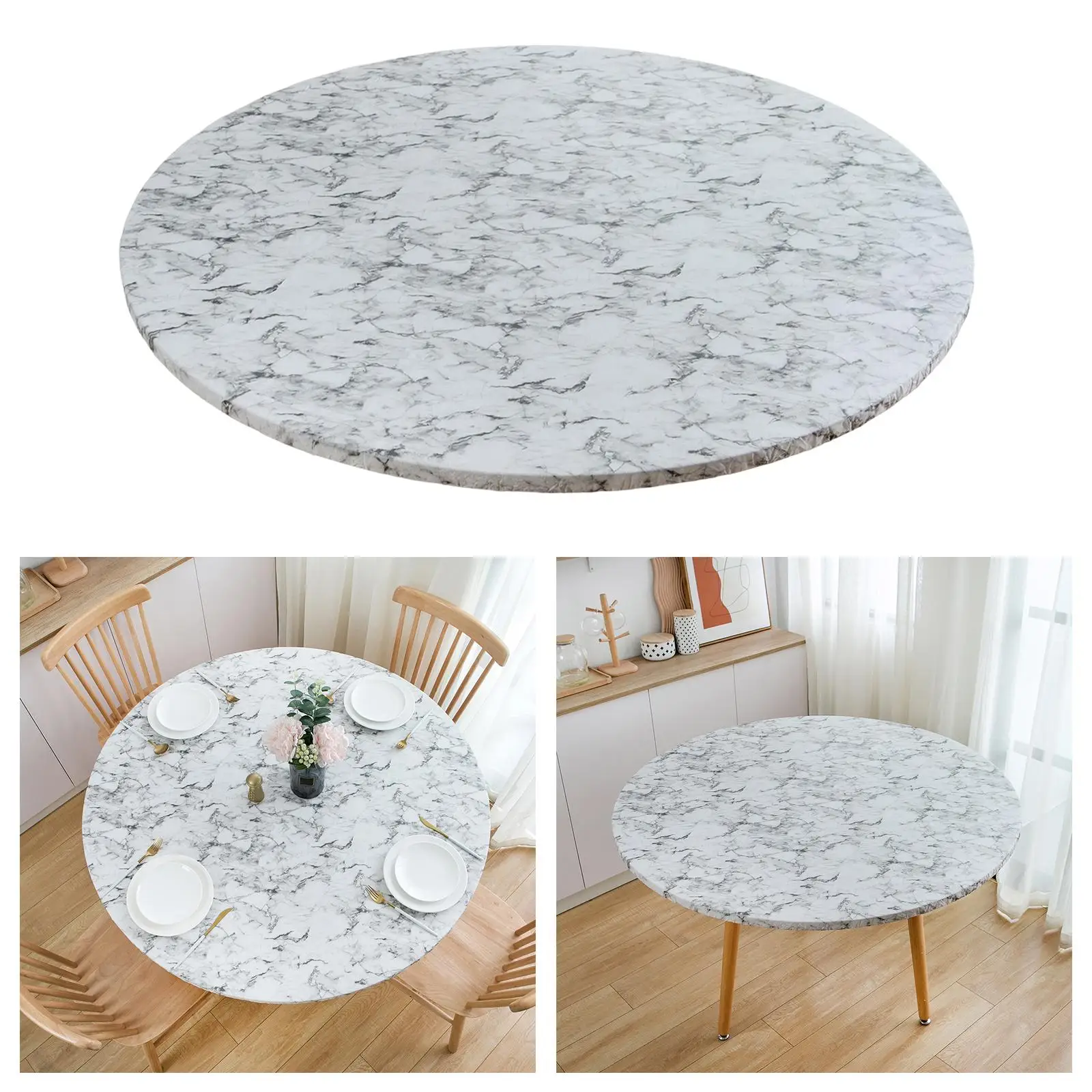 Round Vinyl Fitted Tablecloth Table Cloth Table Resistant Elastic Edge Pattern Waterproof Oil Proof