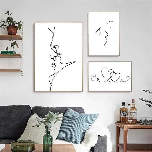 Arte de parede personalizada desenho casal beijo pôster abstrato impressão  em tela preto branco simples pintura decorativa decoração de casa moderna  30x40x6 sem moldura