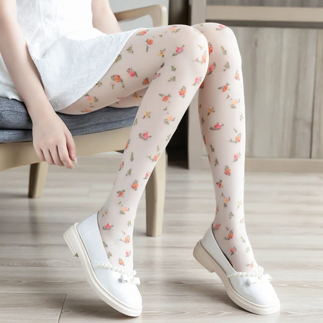 Women Lolita Thin Silky Pantyhose French Style Vintage Sweet Colorful Floral  Printed Tights Stockings Cosplay Semi Sheer Knee Hi - AliExpress