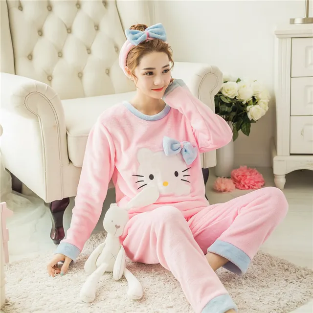 Hello Kitty Pajamas Women Thicken Warm One Piece Pajamas Winter Kids  Flannel Hooded Jumpsuit Soft Sleepwear Homewear Clothes - AliExpress