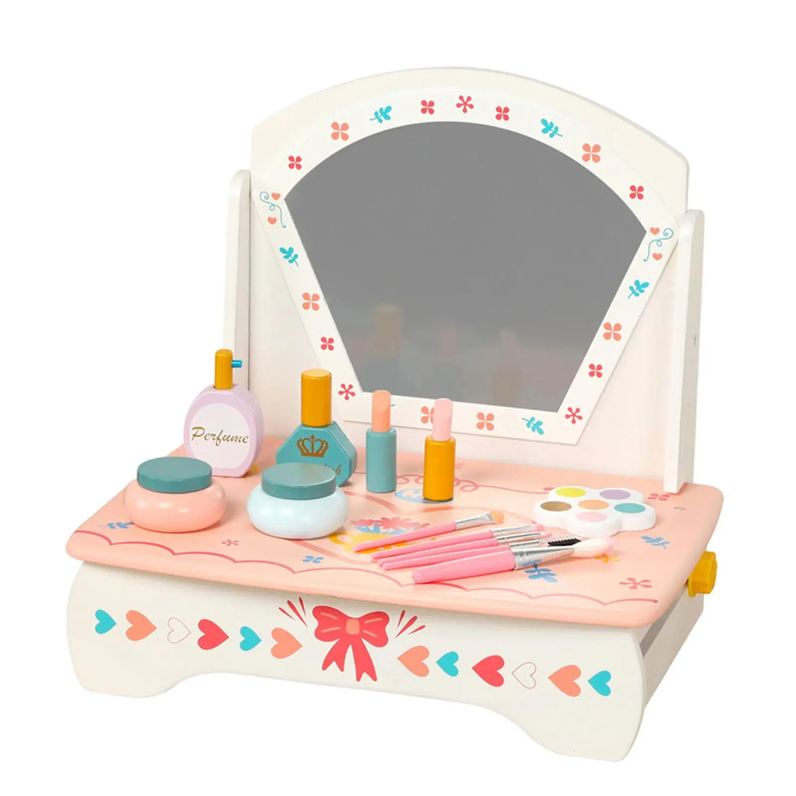Wooden Vanity Table Toy with Accessories Wooden Princess Vanity Table Girls Playset Makeup Kits for Age 3 4 5 6 Children Kids