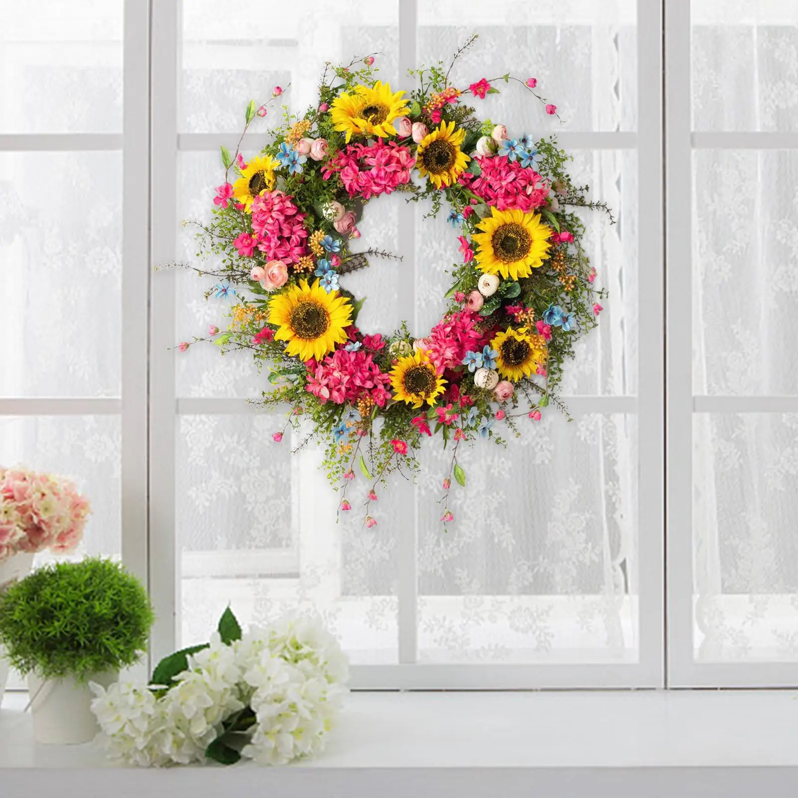 18inch Artificial  Wreath Front Door Garland Simulation Rattan Flower Wreaths for Farmhouse Summer Xmas Valentine`s Day Yard