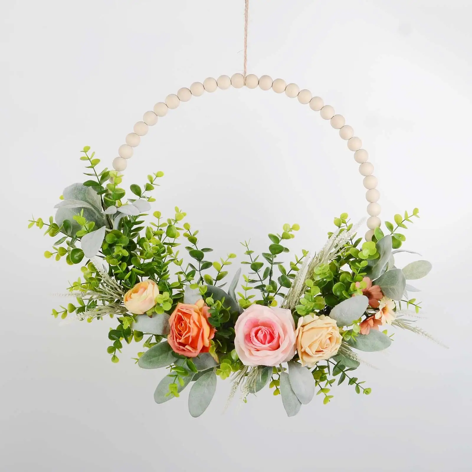 Nordic Artificial Wood Bead Wreath, Flower Garland Decorations Door Creative Indoor Floral Hoop for Spring Weddidng Backdrop