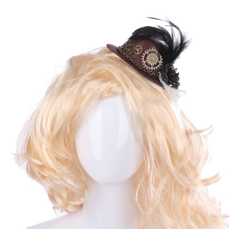 Frauen Mädchen Vintage Mini Top Hut Steampunk Haar Clip Gears Feder Goth Headwear – Detail 10
