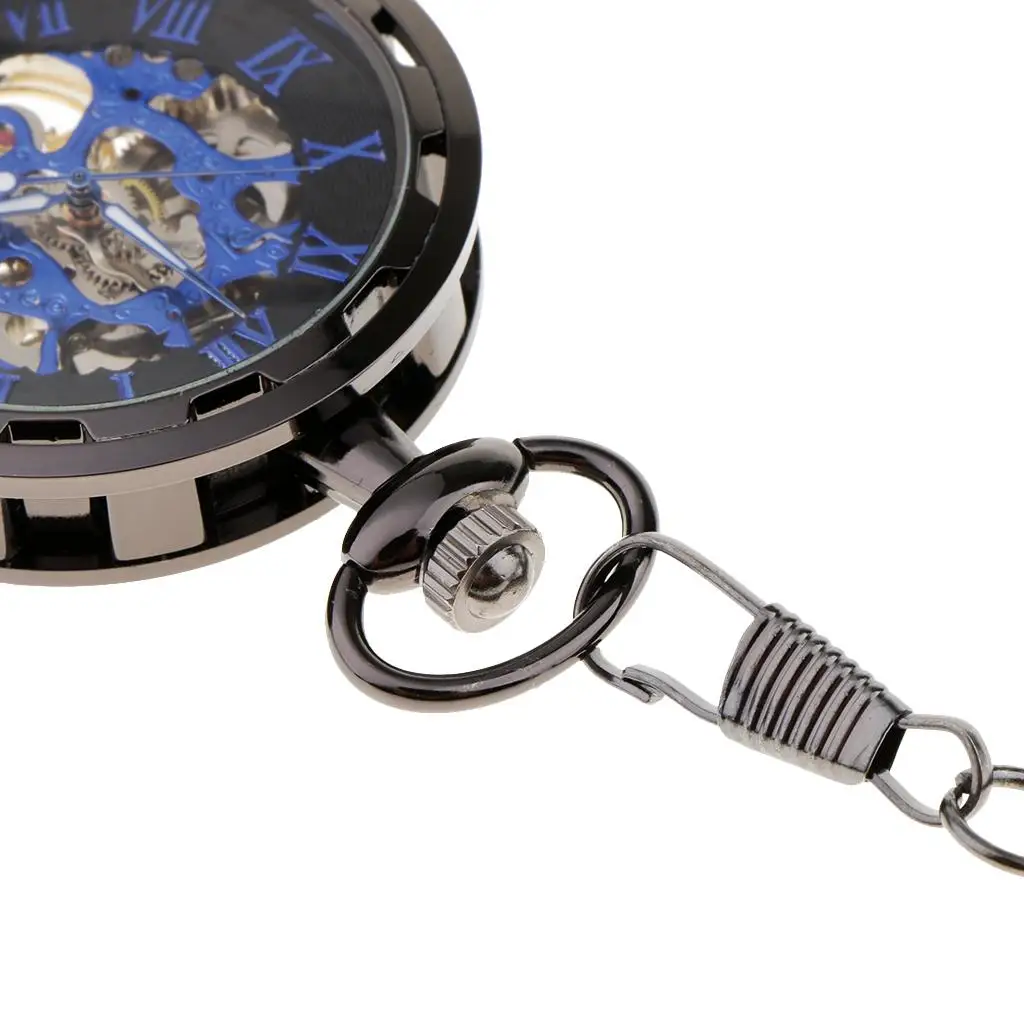Vintage Blue Hands Steampunk Skeleton Mechanical Pocket Watch with Chain for Men Women