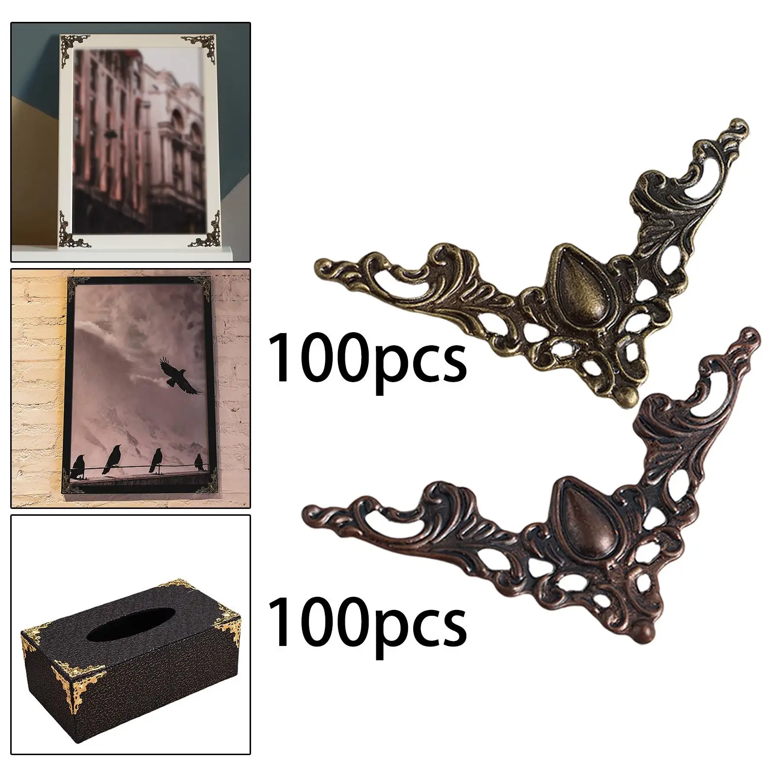 100Pcs Antique Style Corner Brackets Carved Decal Small Metal Corner Protectors for Photo Frame Desk Jewelry Gift Box Decorative