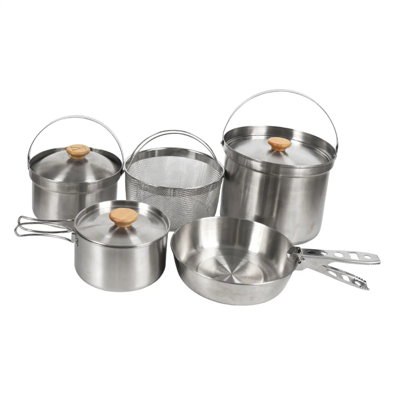5x Stainless Steel Cooking Pot Set Camping Pan Picnic Tableware BBQ