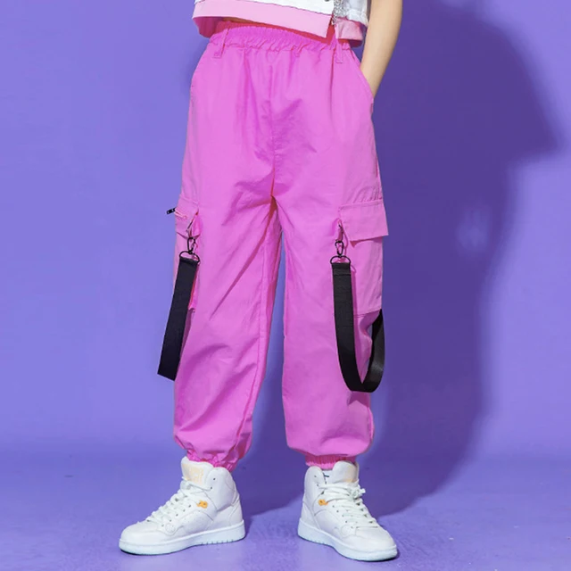 New Fashion Girls Kids Sports Cargo Pants Girls High Waist Pink