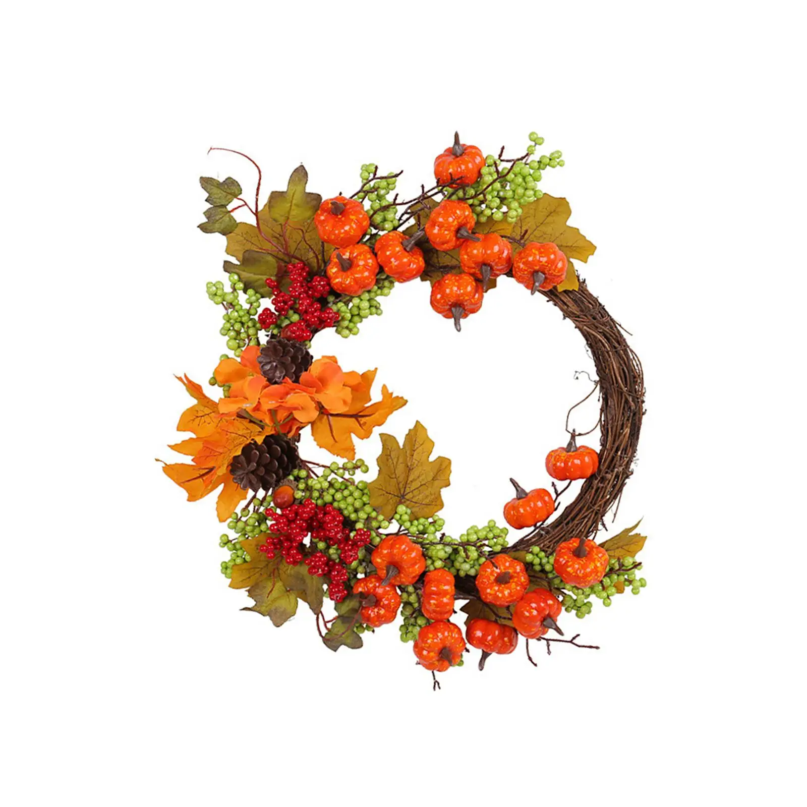 Fall Door Wreath with Pumpkins Berries Maple Leaves Autumn Farmhouse Wreath for Party Thanksgiving Halloween Home Decorations