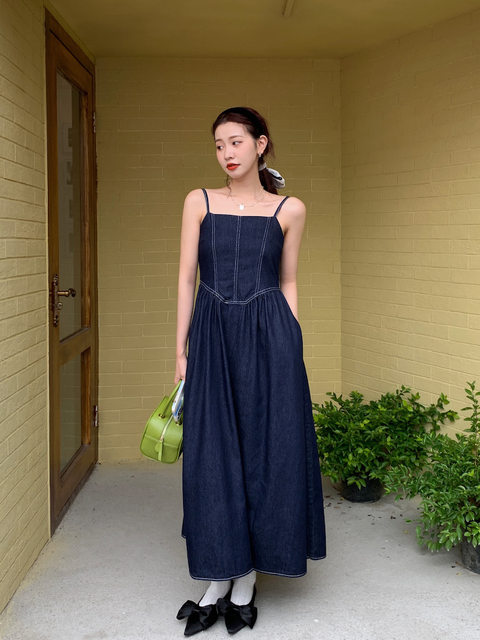 Korejpaa Vintage Denim Dress Women Elegant Square Collar Ruched