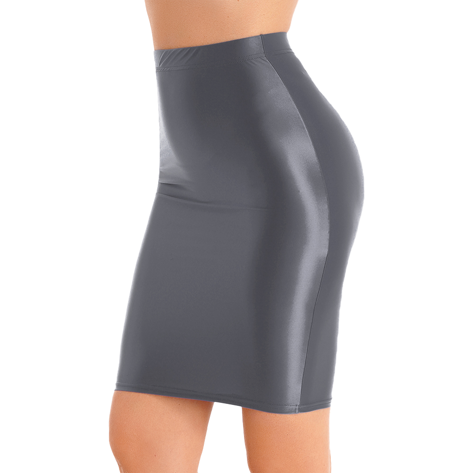 Saia Lápis Bodycon Brilhante, Cintura Alta, Elástico,