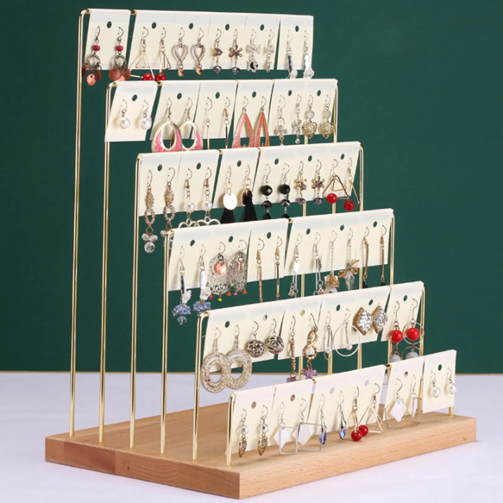 5 Tier Jewelry Earring Cardboad Hanger/ Wood Base Metal Organizer Display Stand/ for Necklaces Business Tabletop Showing
