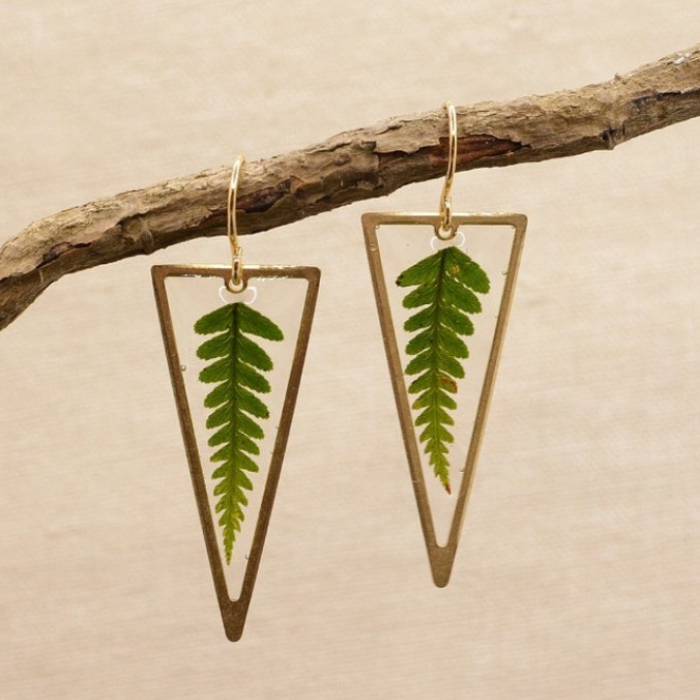 Farn Ohrringe Wald Dreieck Ohrringe Farn Baumeln Ohrringe Geschenk für Sie Farn Schmuck Terrarium Wanderlust Schmuck Boho Ohrringe – Detail 5