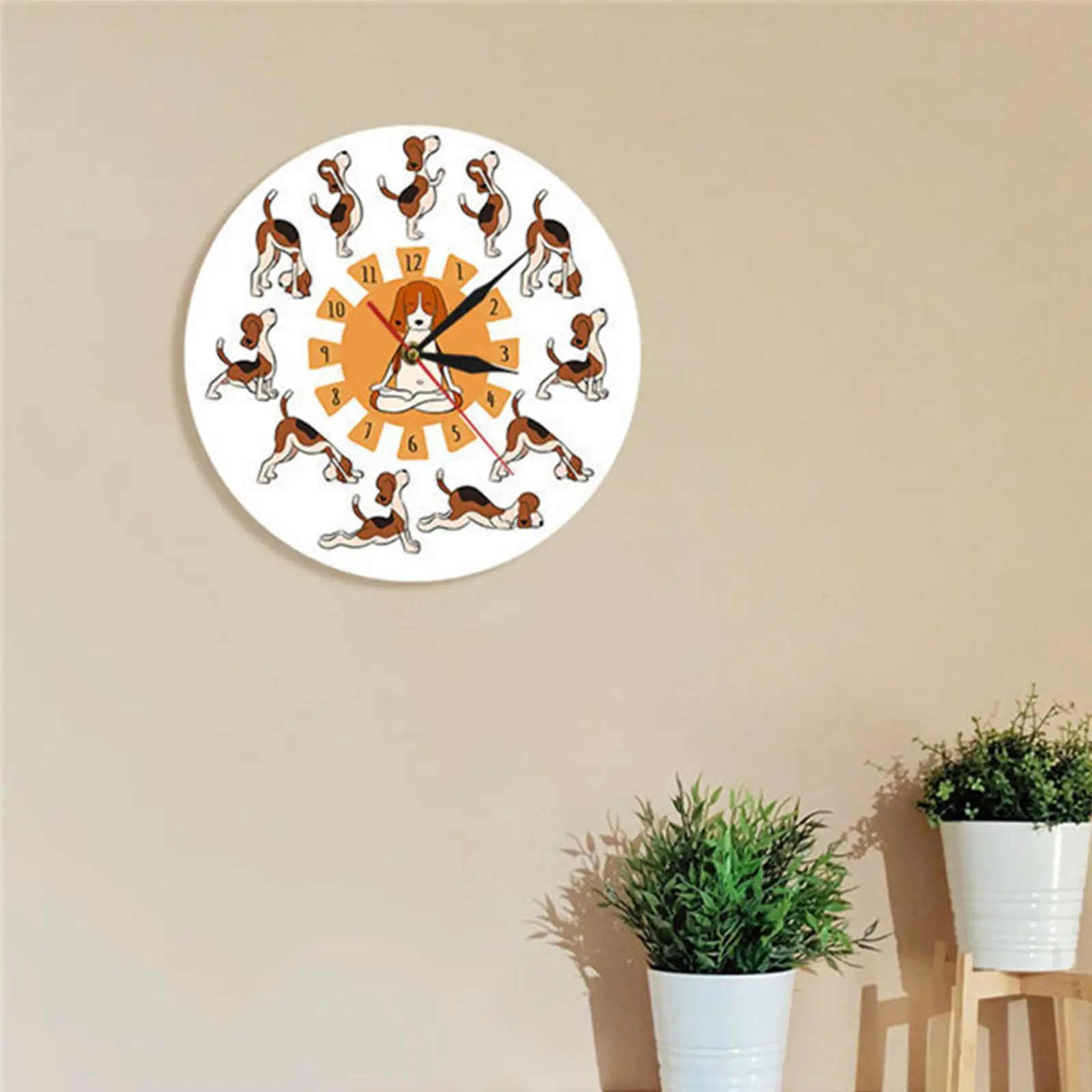 Round Dog Doing Yoga Position Wall Clocks 30cm Decoration for Kitchen Silent Easy to Read Installation Quickly Large Funny