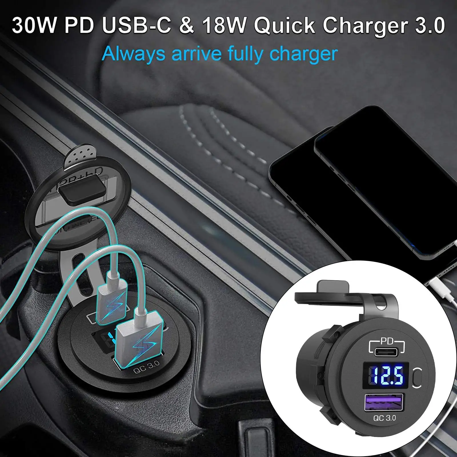 USB C Car Charger 33W PD & QC3.0 12V/24V 10A Fuse SUV RV Van Truck Power Outlet Quick Charge Phone Charger with Voltage Display