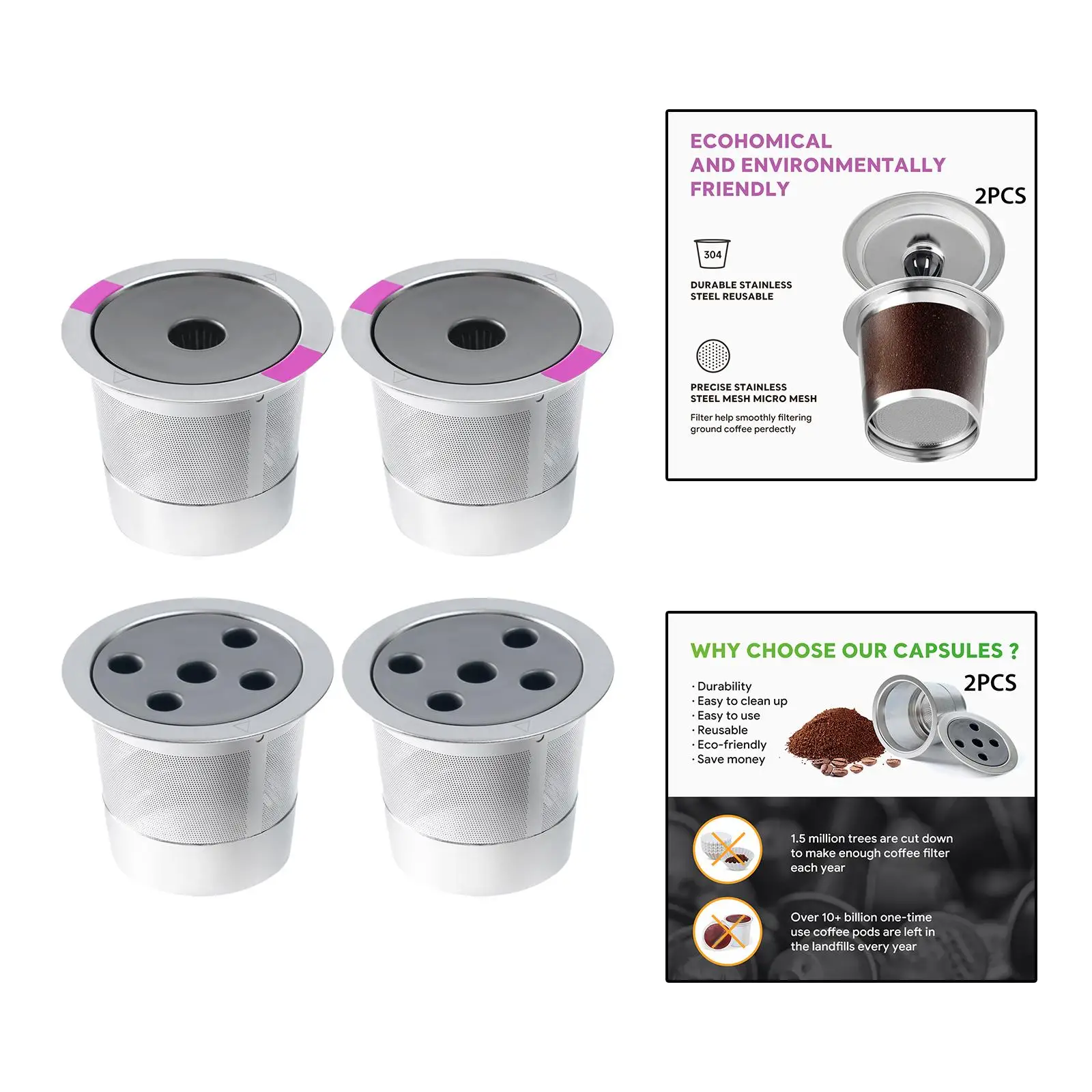 2x Reusable Coffee Filter Replacement Refillable Stainless Steel Single Serve Leakproof with Lid for Coffee Makers