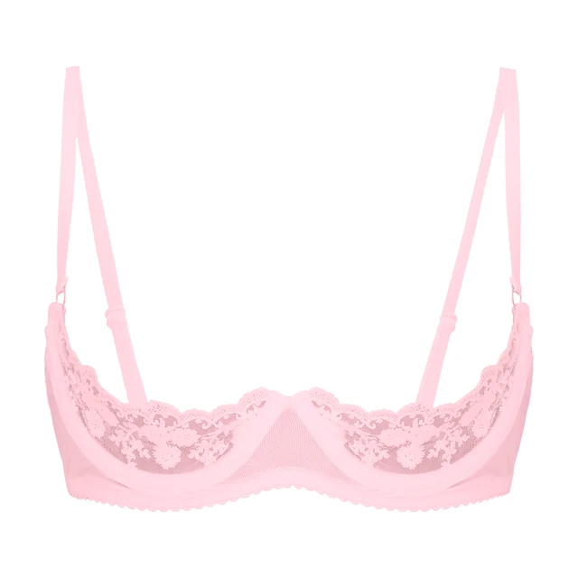 Women's Floral Lace Scalloped Underwired Quarter Cup Shelf Bra with  G-String Underwear