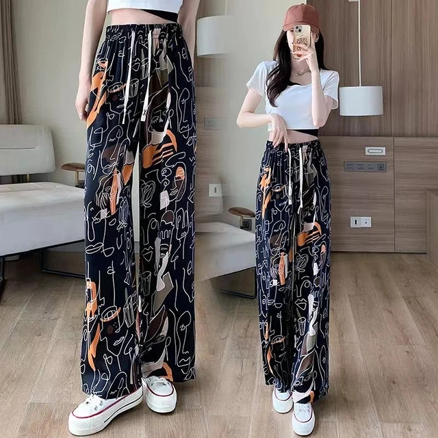 Print Wide Leg Pants for Women Casual Lace Up Elastic High Waist Loose  Baggy Pants Graffiti Pattern Mopping Trousers Female - AliExpress