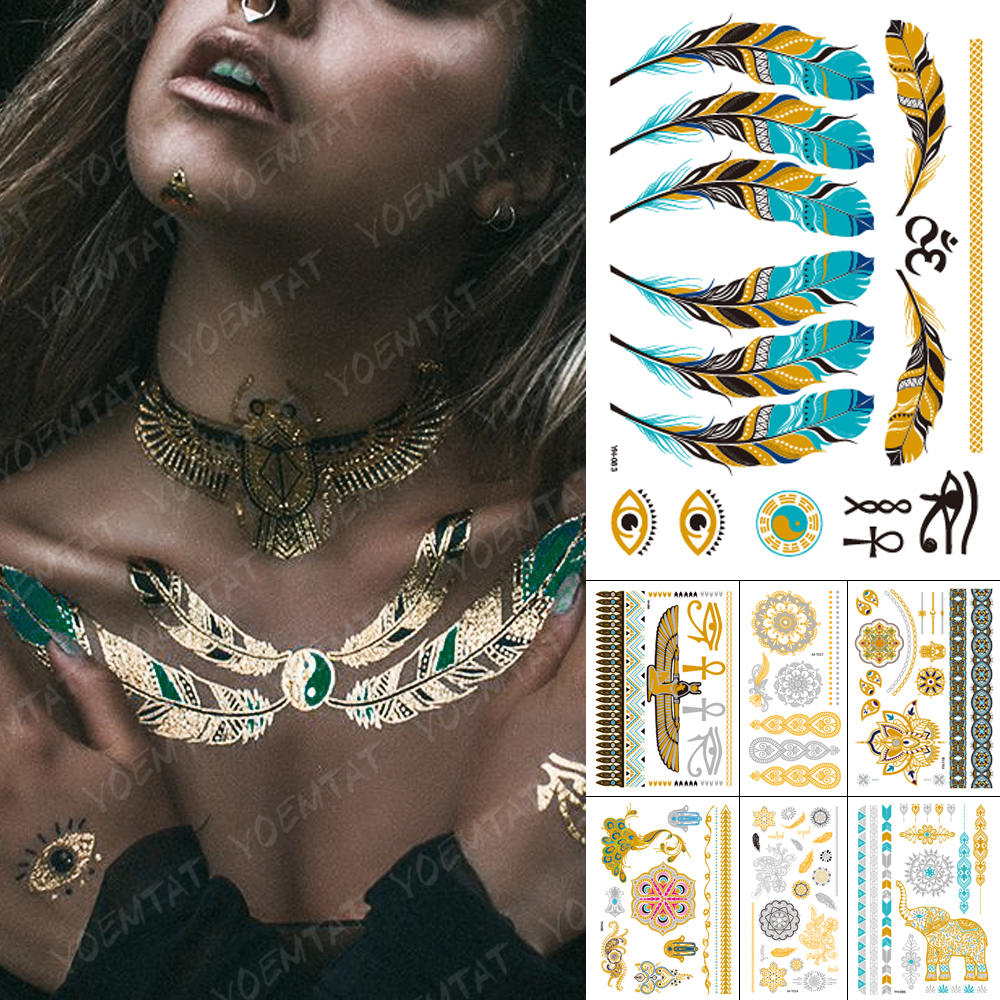 Best of Waterproof Temporary Tattoo Sticker Green Feather Eyes Gold Silver Metallic Flash Tatoo Boho Lotus Party Egypt Glitter Body Art Reviews & Tips