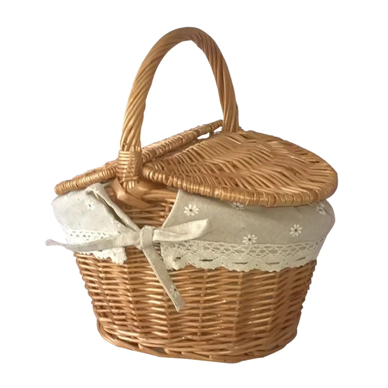 Handwoven Wicker Picnic Basket Wicker Woven Basket with Lid and Handle for Camping