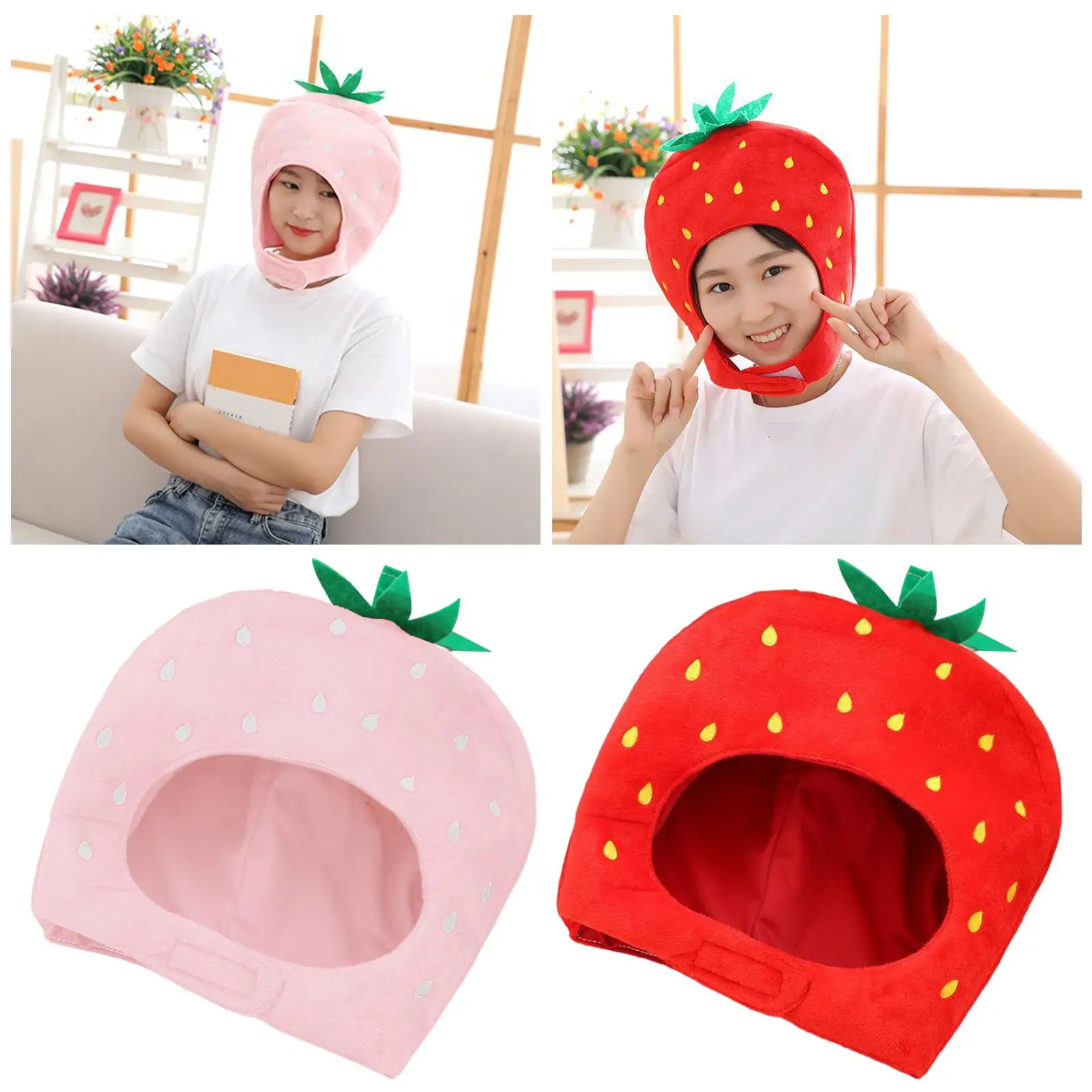 Plush Strawberry Hat Soft Cosplay Hat Photo Props Headband Dress Up Costume for Party Xmas Holiday Halloween New Year