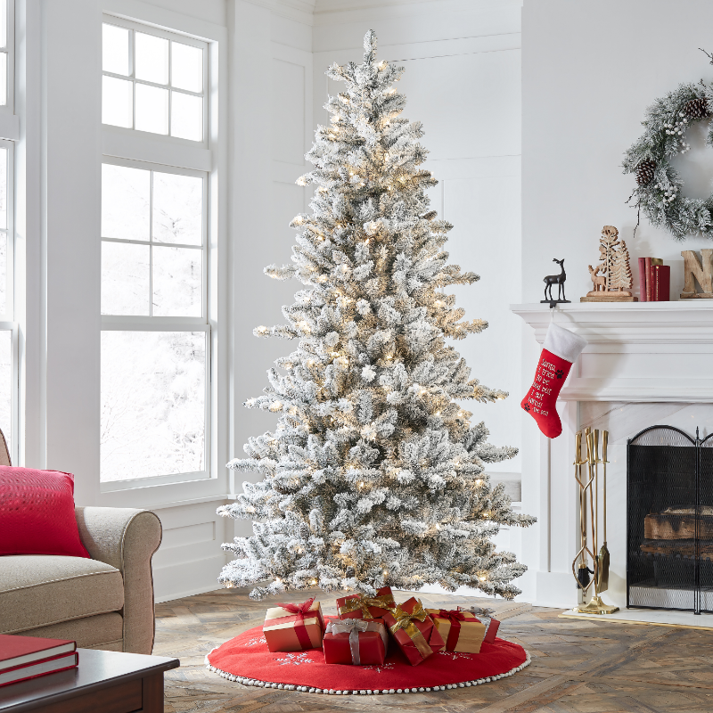 Holiday Time 7.5ft Pre-Lit Flocked Birmingham Fir Artificial Christmas Tree, Warm White LED, Green, 7.5' · v3