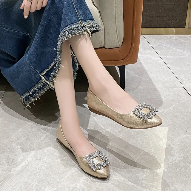 Pointed single shoes female summer 2023 new fairy wind rhinester low heel  ladle shoes thick heel slip-on bean shoes - AliExpress