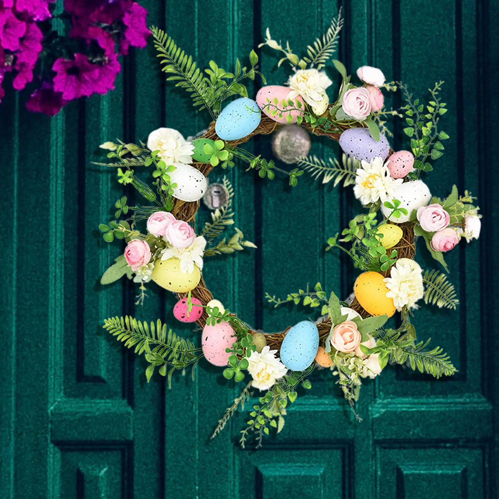 Easter Wreath Wall Hanging with Colorful Eggs Window  and garden