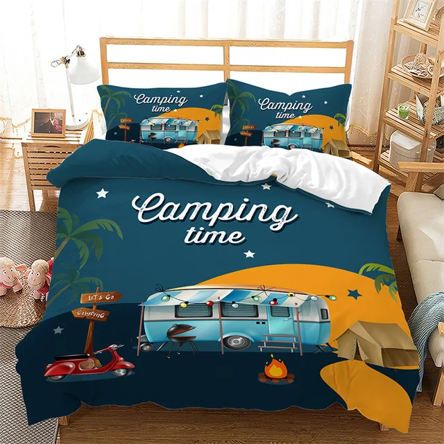 Camper Bedding Comforter Queen Set,Happy Camping Comforter Set Microfiber  RV Inside Decor Duvet Bedding,Camper Accessories for Travel Trailers,Camper