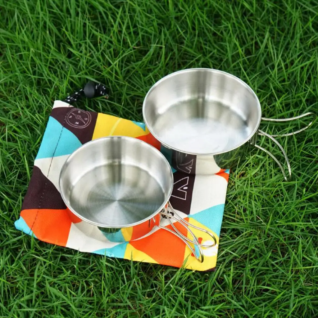 2 Pcs Ultralight Stainless Steel Bowls W/Folding Handle Camping Tablewares