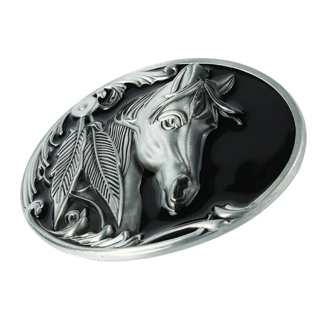  Enbossed Horse Head Oval Belt Buckle With Engraved Retro Leaf