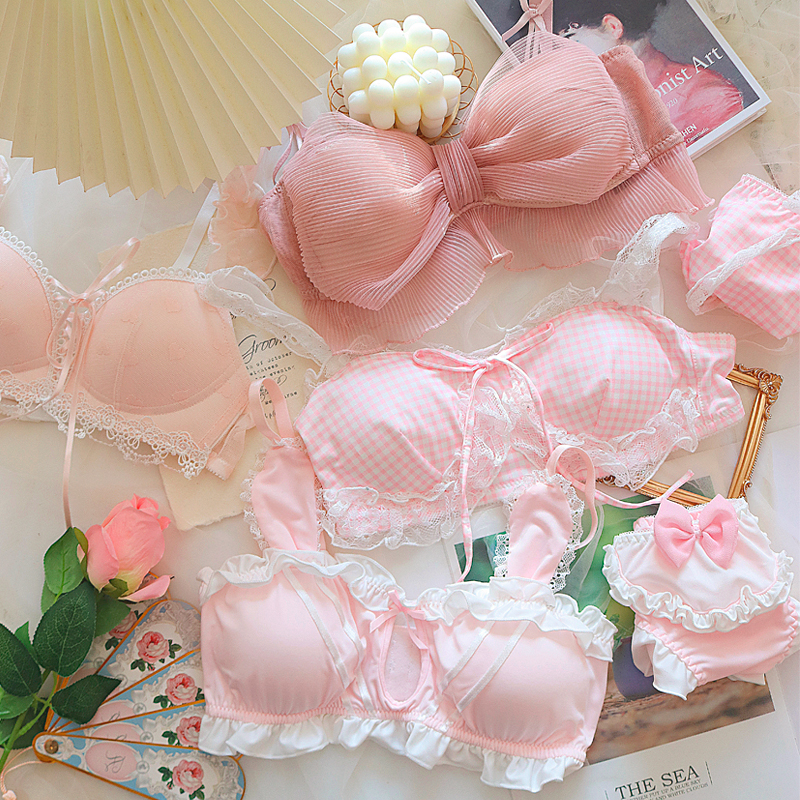 Rosa Unterwäsche BH und Höschen Set sexy Dessous süße kleine Brust Lolita Push-up Spitze Dreieck Tasse dünne Tasse Mädchen Höschen Bra lette – Detail 1