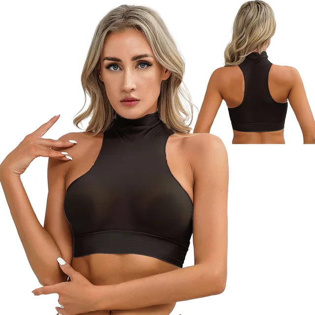 Womens Sexy Lingerie Tops Bra Mock Neck Sleeveless Sheer See-Through Halter  Slim Fit Pool Party Sport Yoga Crop Tops Vest - AliExpress