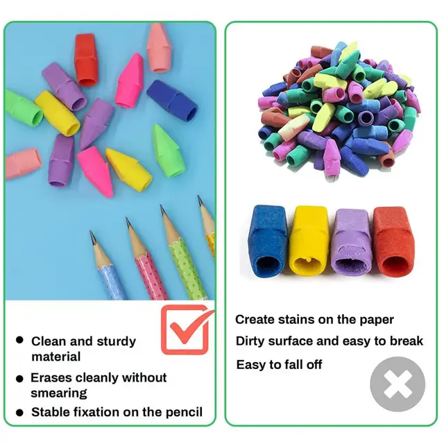 XRHYY Pencil Top Eraser Caps Chisel Shape Pencil Eraser Toppers Assorted  Colors in Bulk 150 Pieces - AliExpress