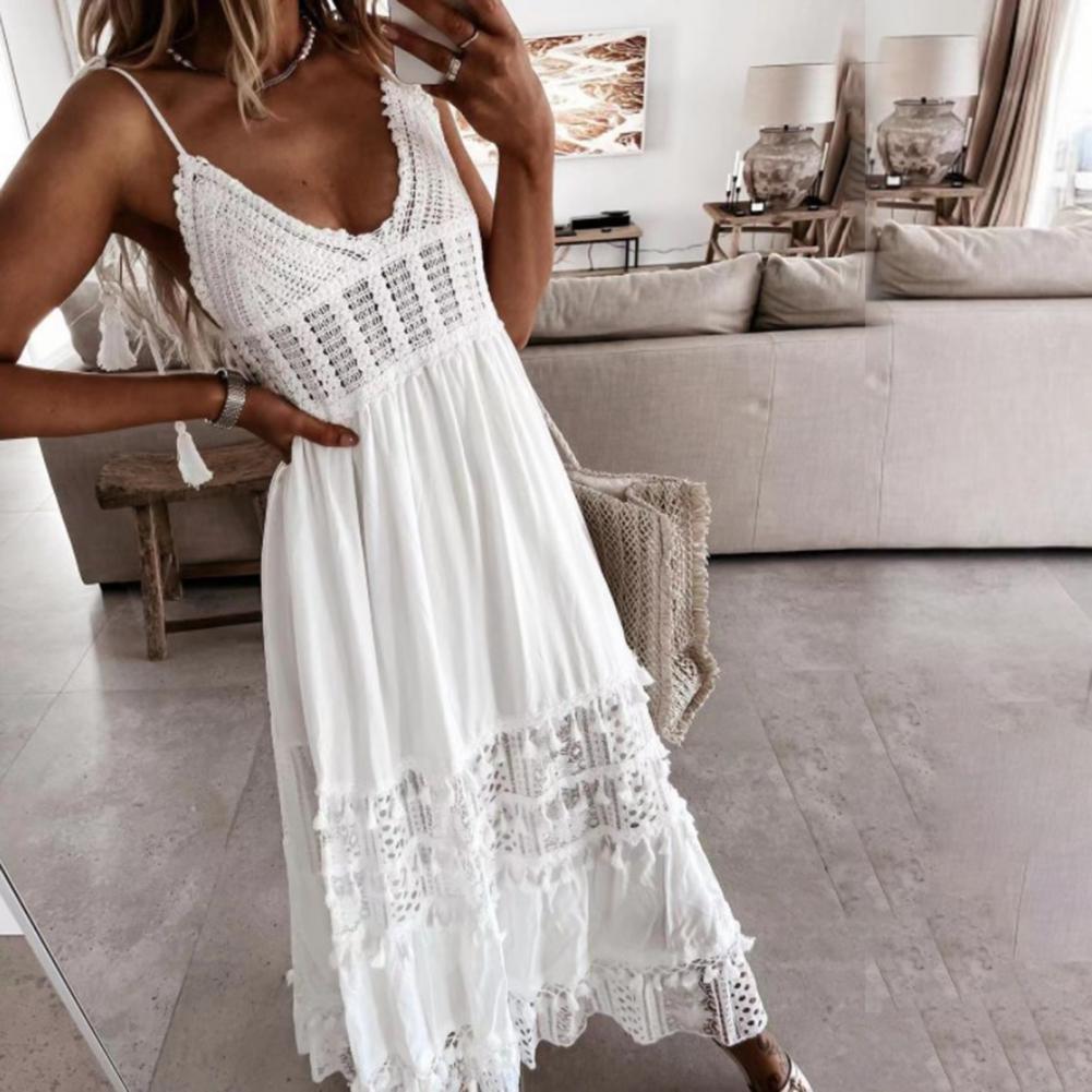 verão sem mangas solto boho vestido elegante oco para fora do laço vestido longo sexy com decote em feminino maxi vestido de festa vestidos de mujer