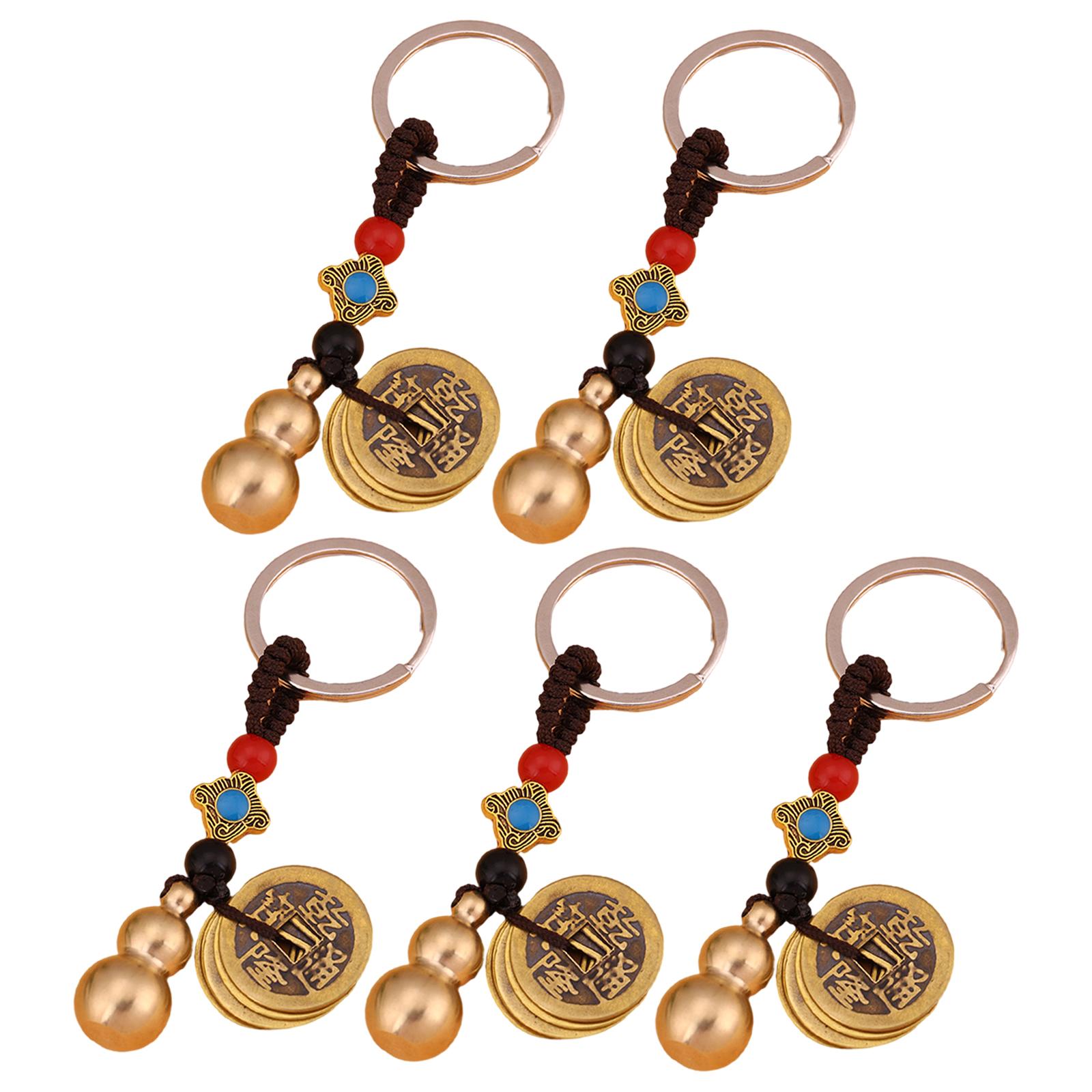 Ancient Vintage Brass Money Bag Keychain Gourd Feng Shui Coins Wealth Lucky Copper for Car Key Ring Bedroom Money Bag Pendant