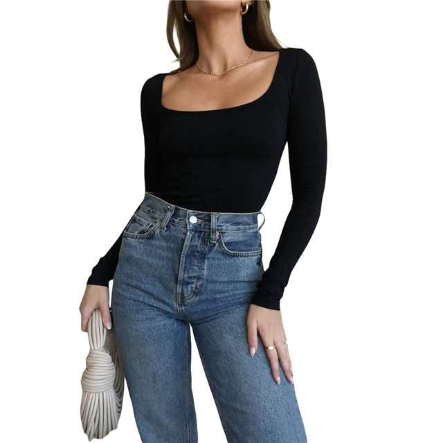 Xingqing Crop Tops for Women Solid Color Square Collar Long Sleeve