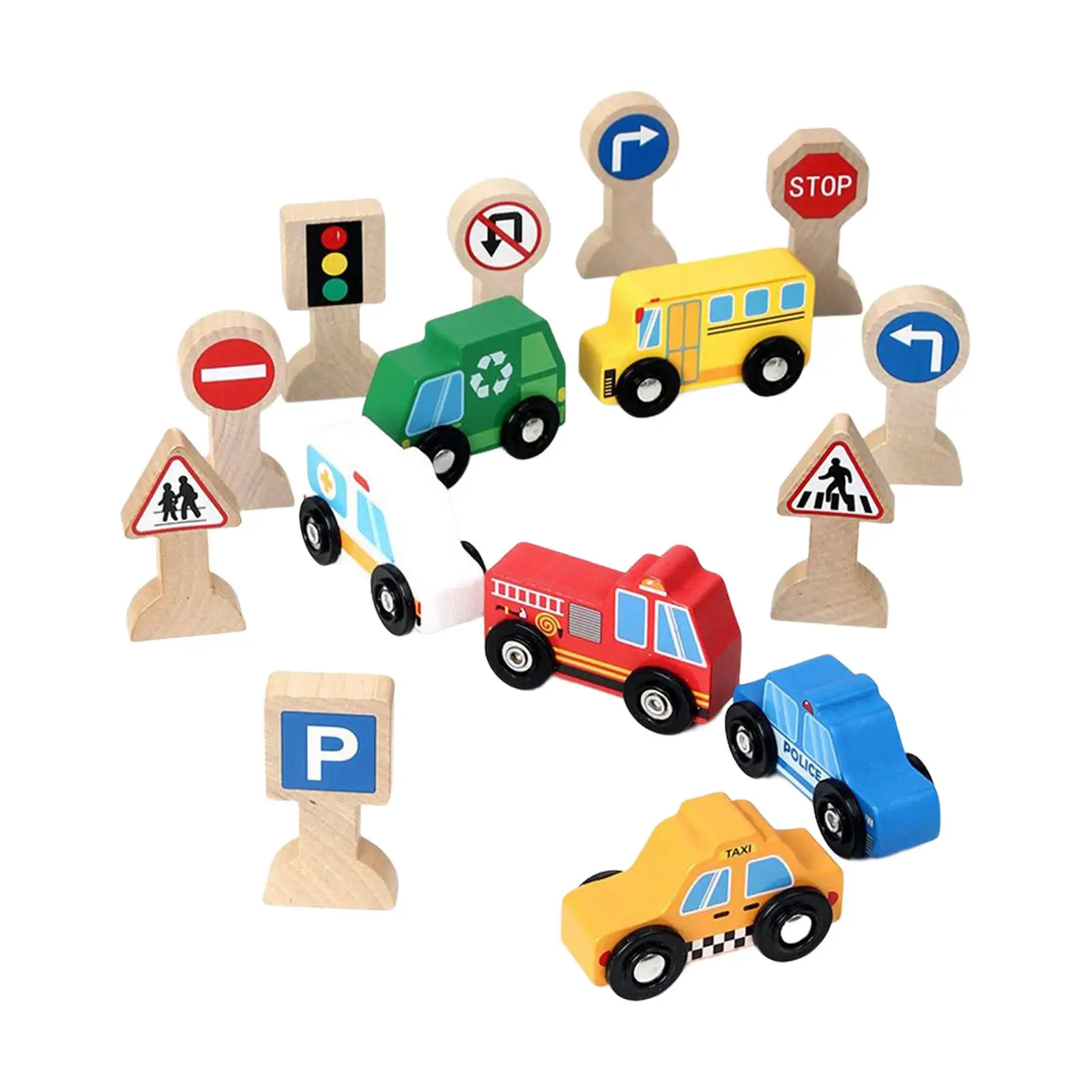 Wooden Cars Toys Wooden Street Signs Playset Educational Toy Mini Toy Vehicles for Boys Children Toddlers Kids Holiday Gifts