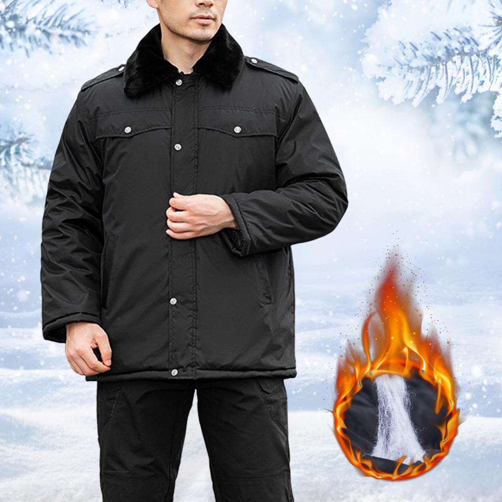 Description Picture 3 of itemMen Parkas Lapel Faux Fur Collar Pockets Single Breasted Men Coat Thickened Cotton Padded Thermal Overcoat For Autumn Winter