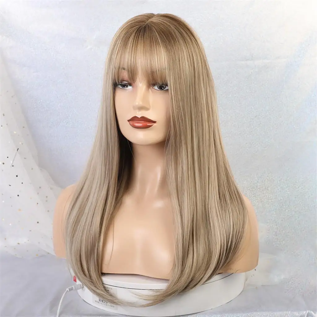 Women`s Fashion 22 Inches Long Straight Wigs With , Light Blonde Cosplay Costume Heat Friendly Wig With 