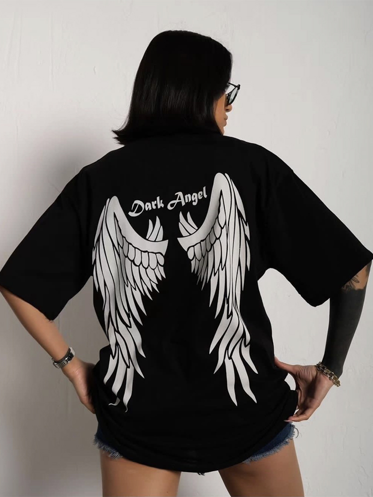 Casual O-neck Angel Wings Printed Plus Size T Shirts for Women