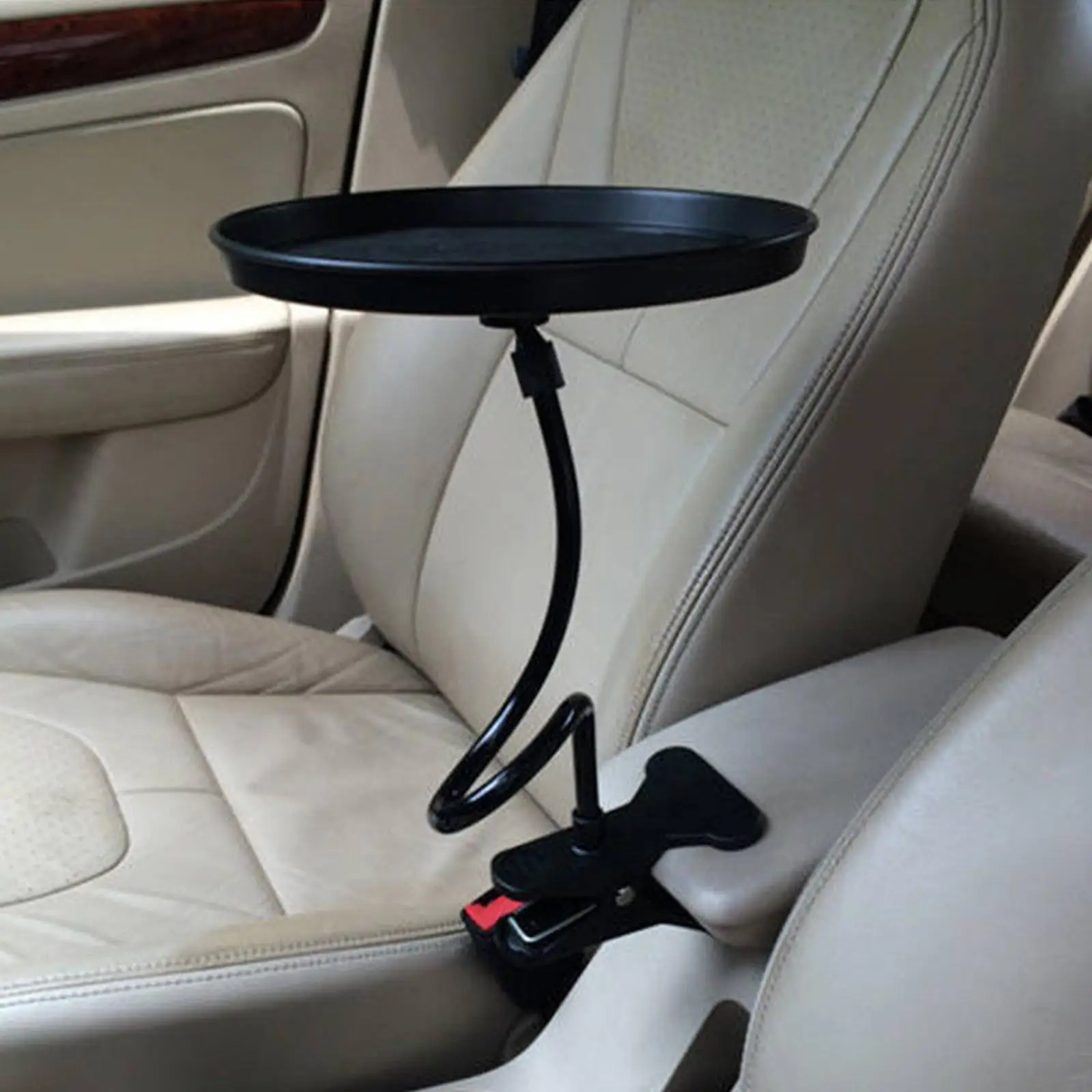 1x Car Food Tray Non-Skid Adjustable Black Universal Round Holder W/ Clamp  Passenger Seat Bottle Eating
