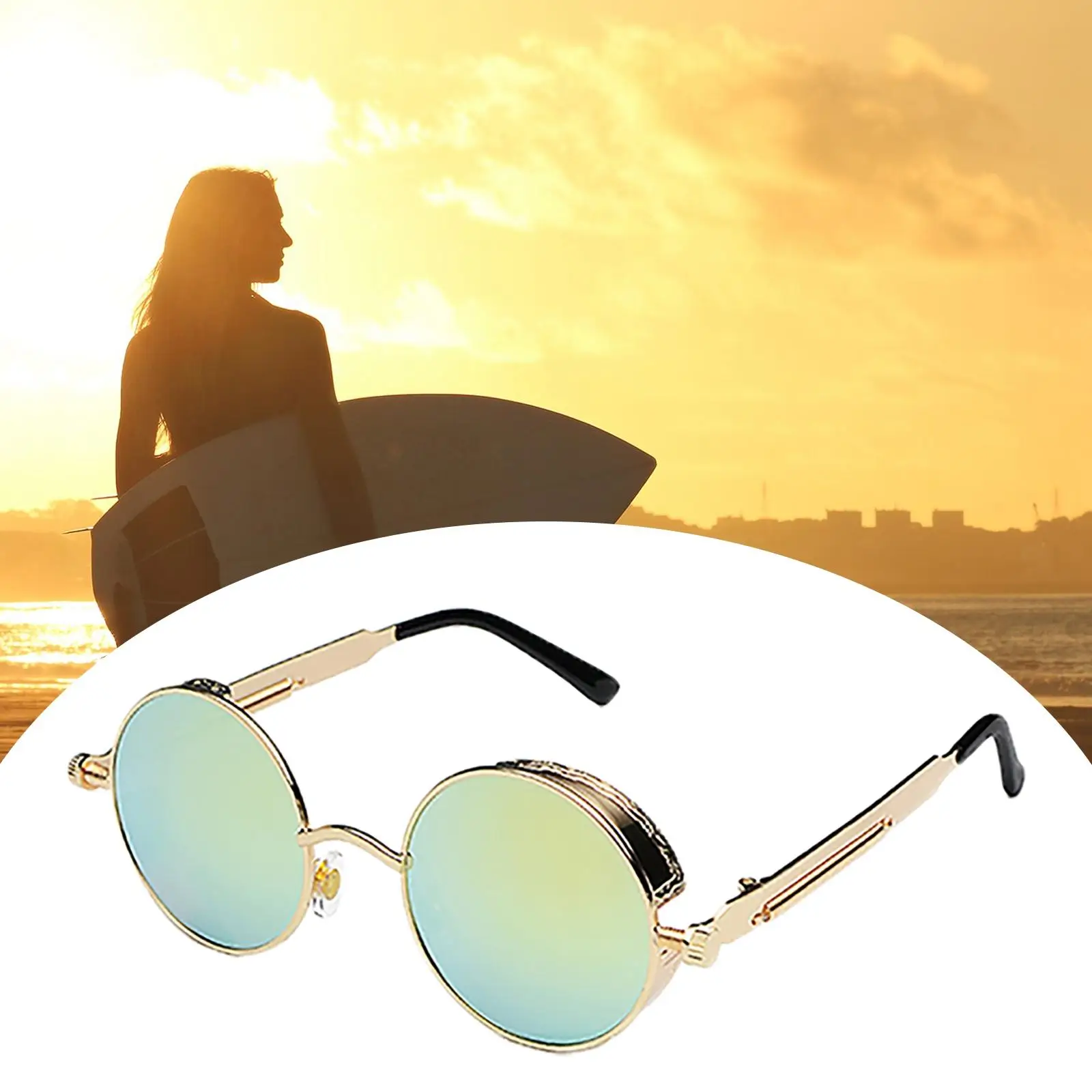 Fashion Women Men Round Sunglasses Glasses Metal Frame Anti UV Shades Tinted Lens Eyewear for Outdoor Sports Beach Fishing