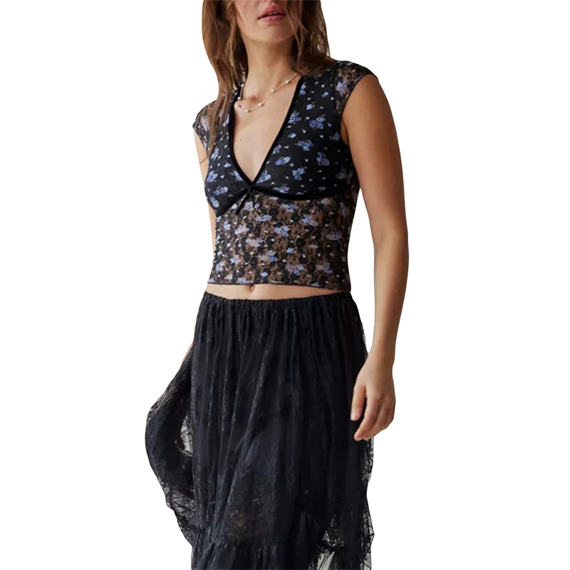 Ootddress Floral Lace Sheer Crop Top y2k Aesthetic Women Sexy See Through V Neck Sleeveless Tanks Slim Fit Vest 2000s Clothing