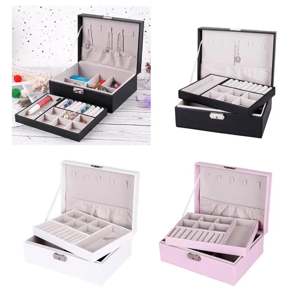 Jewelry Box Organizer Dual Layer Storage Leather Box for Necklace w/ Lock