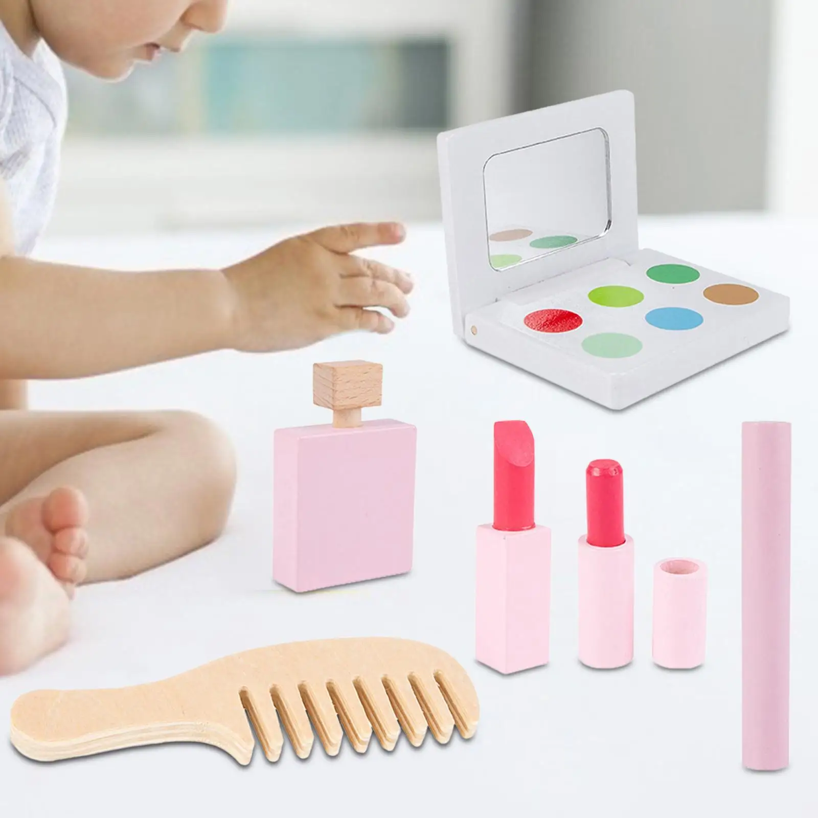 6Pcs Wood Kids Makeup Set Wooden Beauty Salon Learning Activities Pretend Play for Birthday Gift Girl Ages 3 4 5 6 Years Old