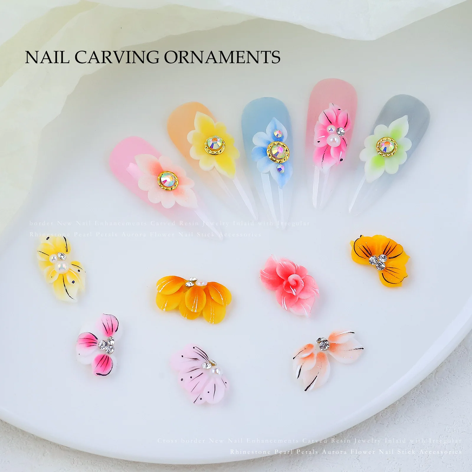 48Pcs 3D Nail Art Flower Decorations with Rhinestones and Pearls