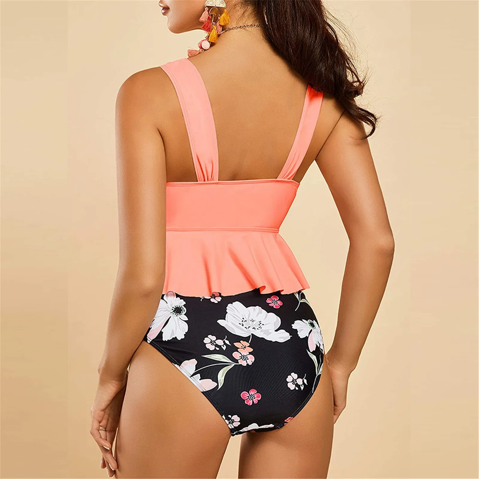 Women V-neck Split High Waist Bikini Ruffle Swimsuit Leaf Print Swimsuit Brazilian Summer Beach Bathing Suit Swim Wear 2pcs Sets cute swimsuits
