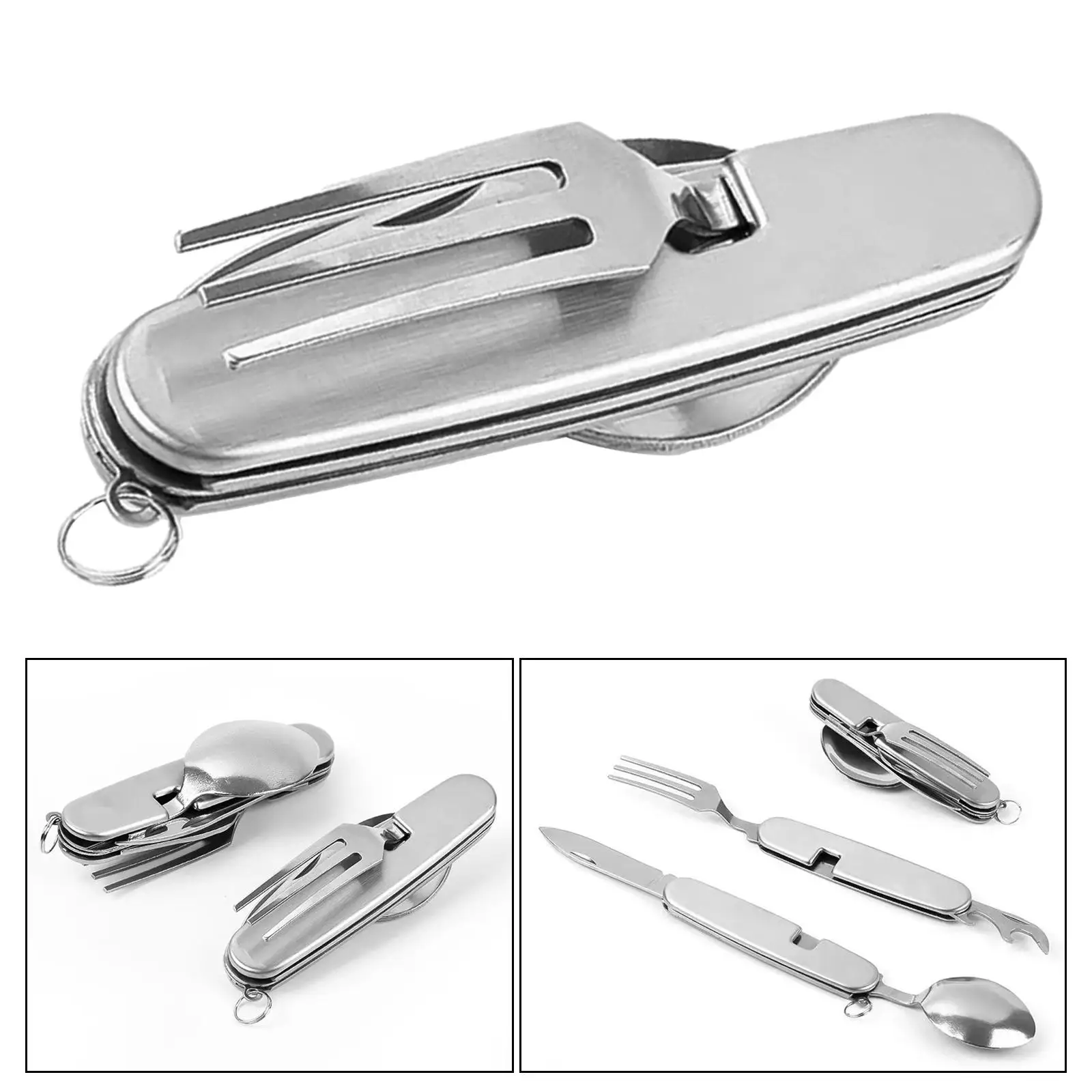 5 in 1 Camping Utensils Folding Stainless Steel Spoon, Fork, Knife, Corkscrew and Can Opener Combo, for BBQ Traveling Cooking